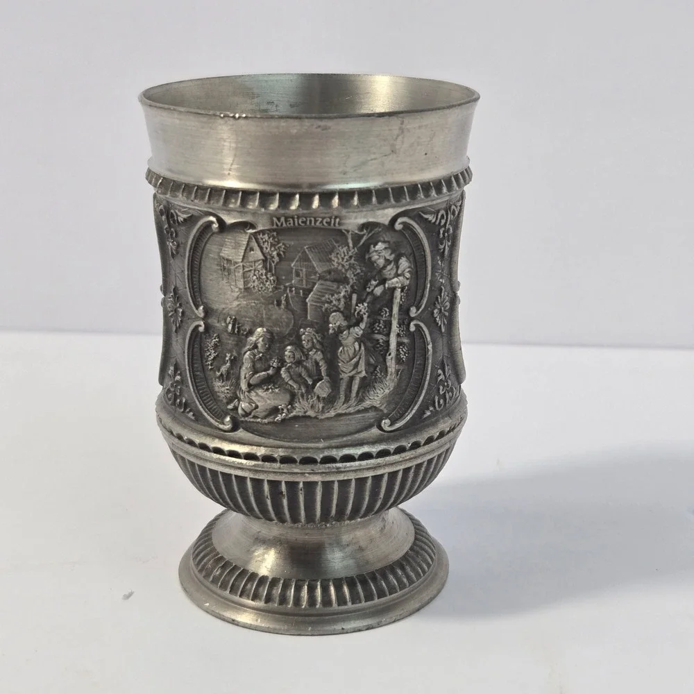 SKS Zinn 95% Pewter Cup Vintage German Relief Scenes Maienzeit Wanderschaft 4